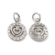 Brass Micro Pave Clear Cubic Zirconia Charms, with Jump Ring, Flat Round with Heart Charm, Platinum, 12x9.5x2mm, Hole: 3.5mm(KK-E068-VB120)