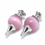 Cat Eye Pendants, with Platinum Plated Brass Findings, Iron Double Loops Jump Rings, Pendulum, Pearl Pink, 40.5x18mm, Hole: 6mm(X-CE-T001-01A)