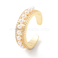 Plastic Pearl Beaded Open Cuff Ring with Clear Cubic Zirconia, Rack Plating Brass Jewelry for Women, Cadmium Free & Lead Free, Real 18K Gold Plated, Inner Diameter: 18mm(RJEW-C058-04G)