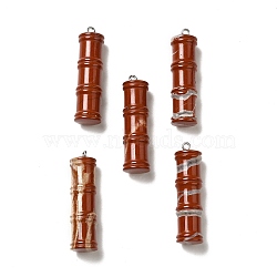 Natural Red Jasper Pendants, Bamboo Stick Charms, with Stainless Steel Color Tone 304 Stainless Steel Loops, 45x12.5mm, Hole: 2mm(G-I340-A08)
