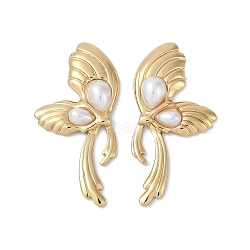 Ion Plating(IP) 304 Stainless Steel Butterfly Wing Stud Earrings, with Plastic Imitation Pearl, Left and Right, Real 18K Gold Plated, 40.5x19.5mm(EJEW-Z068-38G)