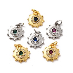 Brass Micro Pave Cubic Zirconia Charms, Long-Lasting Plated, Lead Free & Cadmium Free, Gold & Platinum, Round, Mixed Color, 13x12x3mm, Hole: 3mm(KK-U033-22M)