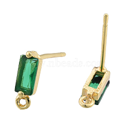 Brass Pave Green Cubic Zirconia Stud Earring Findings, with Horizontal Loops, Rectangle, Nickel Free, Golden, 9x3mm, Hole: 1mm, Pin: 0.8mm(KK-N231-420)