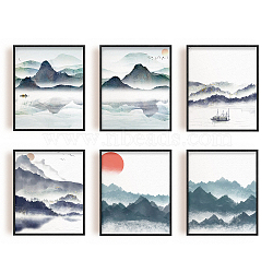 Chemical Fiber Oil Canvas Hanging Painting, Home Wall Decoration, Chinese Ancient Painting Style, Rectangle, Mountain Pattern, 250x200mm, 6 style, 1pc/style, 6pcs/set(AJEW-WH0173-076)