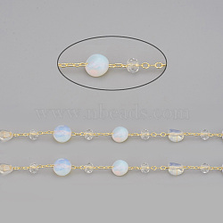 3.28 Feet Handmade Opalite Beaded Chains, with Rondelle Glass Beads and Brass Cable Chains, Long-Lasting Plated, Unwelded, Nuggets, Golden, Link: 2x1.5x0.3mm, Gemstone Beads: 6~12x6~6.5x4~4.5mm, Glass Beads: 4x3mm(X-CHC-I031-11C)