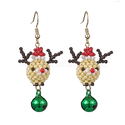 Glass Beaded Reindeer Dangle Earrings, with Glass Pearl Beads & Brass Bell 304 Stainless Steel Earring Hooks, Golden, 59x28mm(EJEW-MZ00628)