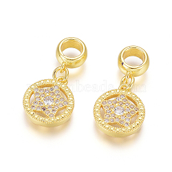 Brass Micro Pave Clear Cubic Zirconia European Dangle Charms, Large Hole Pendants, Long-Lasting Plated, FLat Round with Star, Golden, 24mm, Hole: 5mm, Flat Round: 14x12x3mm(OPDL-L015-01G)