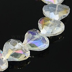 Electorplated Glass Beads, Rainbow Plated, Faceted, Heart, Clear AB, 28x24x10~11mm(EGLA-E004-09)
