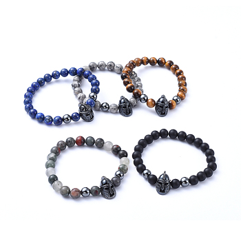 Natural Gemstone Stretch Beaded Bracelets, with Non-Magnetic Synthetic Hematite Beads and Brass Micro Pave Cubic Zirconia Gladiator Helmet Beads, Inner Diameter: 2-1/8 inch(5.5cm)