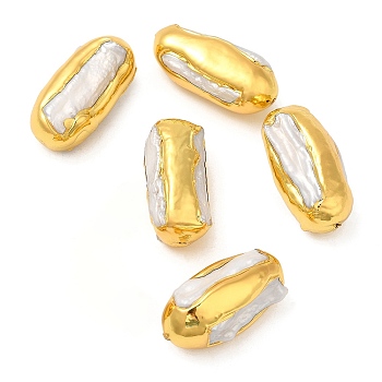 Baroque Style Natural Keshi Pearl Oval Beads, Long-Lasting Plated, with Golden Plated Brass Findings, Seashell Color, 31~35x14~16x14~16mm, Hole: 1mm