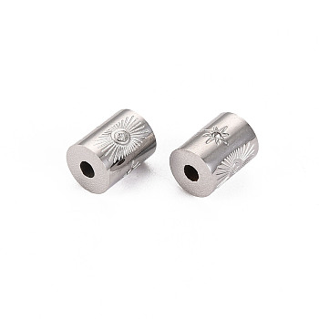 304 Stainless Steel Beads, with Rhinestone, Column with Sun & Star, Stainless Steel Color, 8x6mm, Hole: 1.8mm
