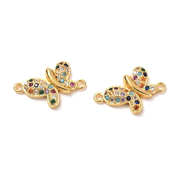 Brass Micro Pave Cubic Zirconia Links Connectors, Real 18K Gold Plated, Long-Lasting Plated, Butterfly, Colorful, 13x20x3mm, Hole: 1.4mm