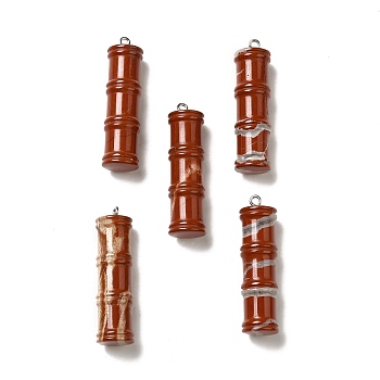Natural Red Jasper Pendants, Bamboo Stick Charms, with Stainless Steel Color Tone 304 Stainless Steel Loops, 45x12.5mm, Hole: 2mm