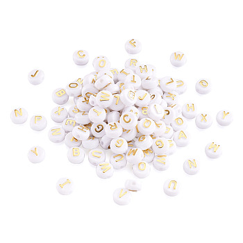 Plating Acrylic Beads, Metal Enlaced, Alphabet Style, Flat Round, White, Gold, 9.5~10x6mm, Hole: 2mm, about 1000pcs/bag