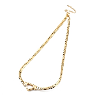 Flat Cuban Link Chunky Chain Necklace, 304 Stainless Steel Hollow Heart Charms Necklaces, Real 18K Gold Plated, 16.73 inch(42.5cm)