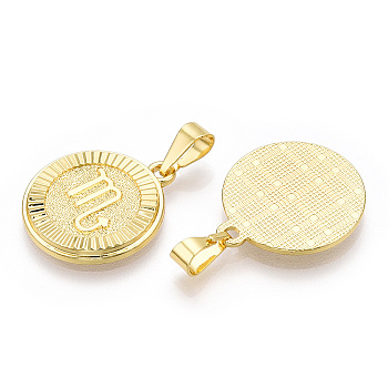 Brass Pendants, Twelve Constellations, Flat Round, Real 18K Gold Plated, 24x20.5x2mm, Hole: 3.5x7mm