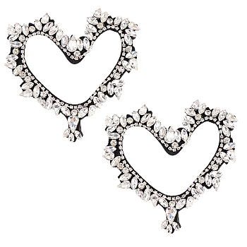 2Pcs Heart Cloth Sew on Patches, Rhinestone Beading Appliques, Costume Accessories, Clear, 98x97x6mm