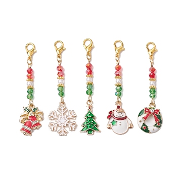 5Pcs 5 Styles Christmas Alloy Enamel Pandant Decorations, Glass Seed Beads & Lobster Claw Clasps Charms for Bag Ornaments, Mixed Color, 60~64mm, 1pc/style