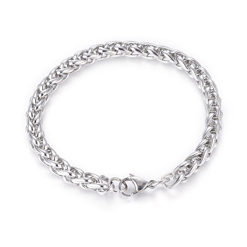 304 Stainless Steel Rope Chain Bracelets, with Lobster Claw Clasps, Stainless Steel Color, 9-1/2 inch(24cm), 6.5mm