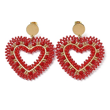 Woven Glass Beaded Heart Dangle Stud Earrings, with Vacuum Plating 304 Stainless Steel Pins, Red, 55x47mm