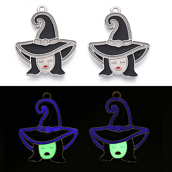 Halloween Theme Rack Plating Luminous Alloy Enamel Pendants, Glow in the Dark, Witch with Hat Charm, Platinum, 29.5x23.5x1.5mm, Hole: 1.6mm