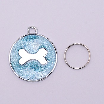 Alloy Charms, with Gold Foil and Iron Rings, Cadmium Free & Lead Free, Flat Round with Bone, Light Sky Blue, 29.5x25.5x1.5mm, Hole: 3mm