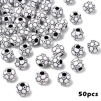 50Pcs FootBall/Soccer Ball Craft Style Acrylic Beads, Sports Beads, Black, 12mm, Hole: 4mm