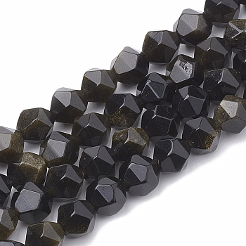 Natural Golden Sheen Obsidian Beads Strands, Star Cut Round Beads, Faceted, 12x11~12mm, Hole: 1.2mm, about 30~32pcs/strand, 14.2~14.6 inch