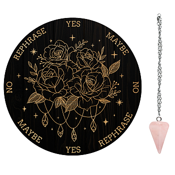 AHADERMAKER Custom PVC Plastic Pendulum Board, with Natural Rose Quartz Stone Pendants, and 304 Stainless Steel Cable Chain Dowsing Divination Board, for Witchcraft Wiccan Altar Supplies, Flat Round, Flower Pattern