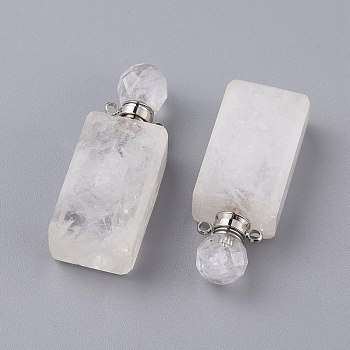 Faceted Natural Quartz Crystal Openable Perfume Bottle Pendants, Rock Crystal, with 304 Stainless Steel Findings, Cuboid, Stainless Steel Color, 42~45x16.5~17x11mm, Hole: 1.8mm, Bottle Capacity: 1ml(0.034 fl. oz)