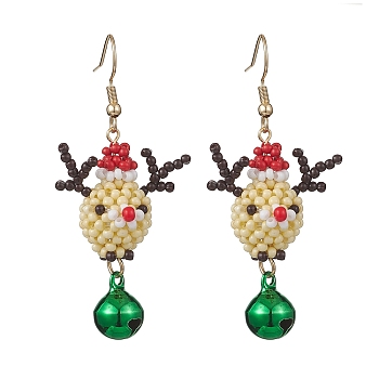 Glass Beaded Reindeer Dangle Earrings, with Glass Pearl Beads & Brass Bell 304 Stainless Steel Earring Hooks, Golden, 59x28mm