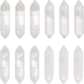 12Pcs Faceted Natural Quartz Crystal Double Terminated Points, for Wire Wrapped Pendants Making, Healing Stones, Reiki Energy Balancing Meditation Therapy Wand, No Hole/Undrilled, 30~33x9x9mm