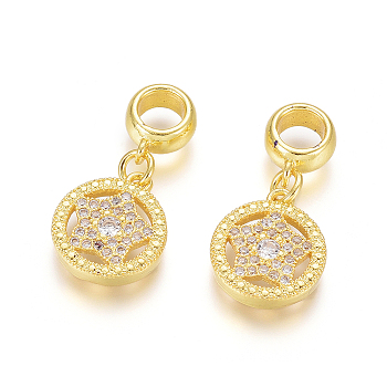 Brass Micro Pave Clear Cubic Zirconia European Dangle Charms, Large Hole Pendants, Long-Lasting Plated, FLat Round with Star, Golden, 24mm, Hole: 5mm, Flat Round: 14x12x3mm
