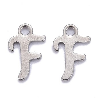 304 Stainless Steel Pendants, Alphabet, Stainless Steel Color, Letter.F, 11x7x1mm, Hole: 1.5mm