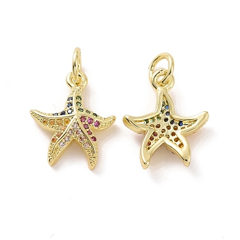Brass Micro Pave Cubic Zirconia Pendants, with Jump Ring, Real 18K Gold Plated, Starfish Charms, Colorful, 14.5x12x2mm, Jump Ring: 5x0.8mm, Inner Diameter: 3.2mm

