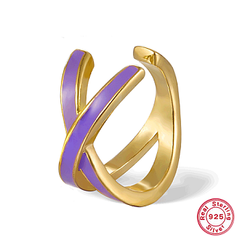 Real 18K Gold Plated 925 Sterling Silver Criss Cross Cuff Earring, with Enamel, Lilac, 13x13mm