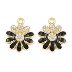 Alloy Black Enamel Pendants, with Crystal Rhinestone, Flower Charms, Rack Plating, Golden, 21.5x17.5x3mm, Hole: 2mm(FIND-C095-04G)