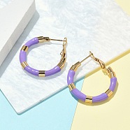 PVD Vacuum Plating 201 Stainless Steel Enamel Hoop Earrings for Women, with 304 Stainless Steel Pins, Real 18K Gold Plated, Purple, 30x4mm, Pin: 1mm(EJEW-B016-33D)