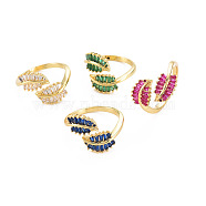 Brass Micro Pave Cubic Zirconia Cuff Rings, Open Rings for Women, Cadmium Free & Nickel Free & Lead Free, Leaf, Real 18K Gold Plated, Mixed Color, US Size 6 3/4(17.1mm)(RJEW-S045-152)