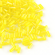 AB Color Plated Glass Bugle Beads, Transparent Colours Rainbow, Yellow, 4~4.5x2mm, Hole: 1mm, about 450g/bag, 14000pcs/bag(SEED-R011-170)