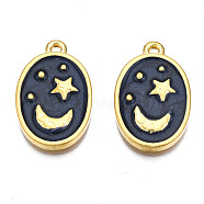 Alloy Pendants, with Enamel, Cadmium Free & Lead Free, Light Gold, Oval with Moon & Star, Prussian Blue, 25x16x3mm, Hole: 1.6mm(ENAM-S122-48-RS)