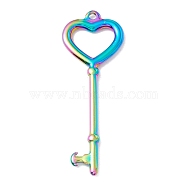 Ion Plating(IP) 304 Stainless Steel Pendants, Heart Key, Rainbow Color, 49.5x17.5x2mm, Hole: 2mm(STAS-C049-12M)