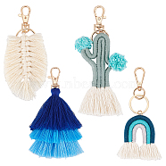 WADORN 4Pcs 4 Style Weaving Tassel Cotton Pendant Decorations, Alloy Lobster Clasps Charm, Clip-on Charm, for Keychain, Purse, Backpack Ornament, Blue, 115~145mm, 1pc/style(KEYC-WR0001-47B)