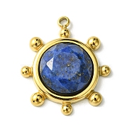 Ion Plating(IP) 304 Stainless Steel Pave Faceted Natural Lapis Lazuli Pendants, Granulated Flat Round Charms, Real 14K Gold Plated, 19.5x17x4.5~6mm, Hole: 1.5mm(FIND-Z028-39D)