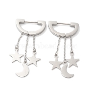 304 Stainless Steel Star & Moon Dangle Hoop Earrings, Stainless Steel Color, 45mm, Pin: 1mm(EJEW-E286-11P)