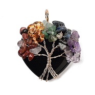 Natural Obsidian Heart Pendants, Chakra Tree of Life Gems Chip Copper Wire Wrapped Charms, Golden, 39x35x13mm, Hole: 5x4mm(G-K374-01B)