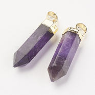 Natural Amethyst Pointed Pendants, with Brass Findings, Bullet, Golden, 28~29x6~7mm, Hole: 4x6mm(G-G737-32F-G)