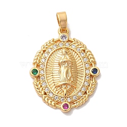 Brass Micro Pave Cubic Zirconia Pendants, Nickle Free, Round with Virgin Mary, Real 18K Gold Plated, Colorful, 26x20x3mm, Hole: 5x3mm(KK-M294-06G-01)