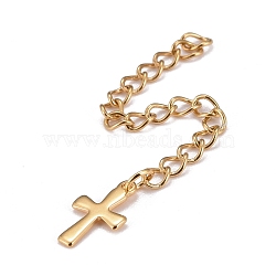 304 Stainless Steel Chain Extender, Curb Chain, with 202 Stainless Steel Charms, Cross, Golden, 63~68mm, Link: 3.7x3x0.5mm, Cross: 11.8x7x0.6mm(STAS-F268-45G)