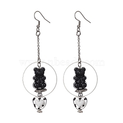 Acrylic Bear & Lampwork Heart Dangle Earrings, 304 Stainless Steel Long Drop Earrings, Black, 90x30.5mm(EJEW-JE05416-01)